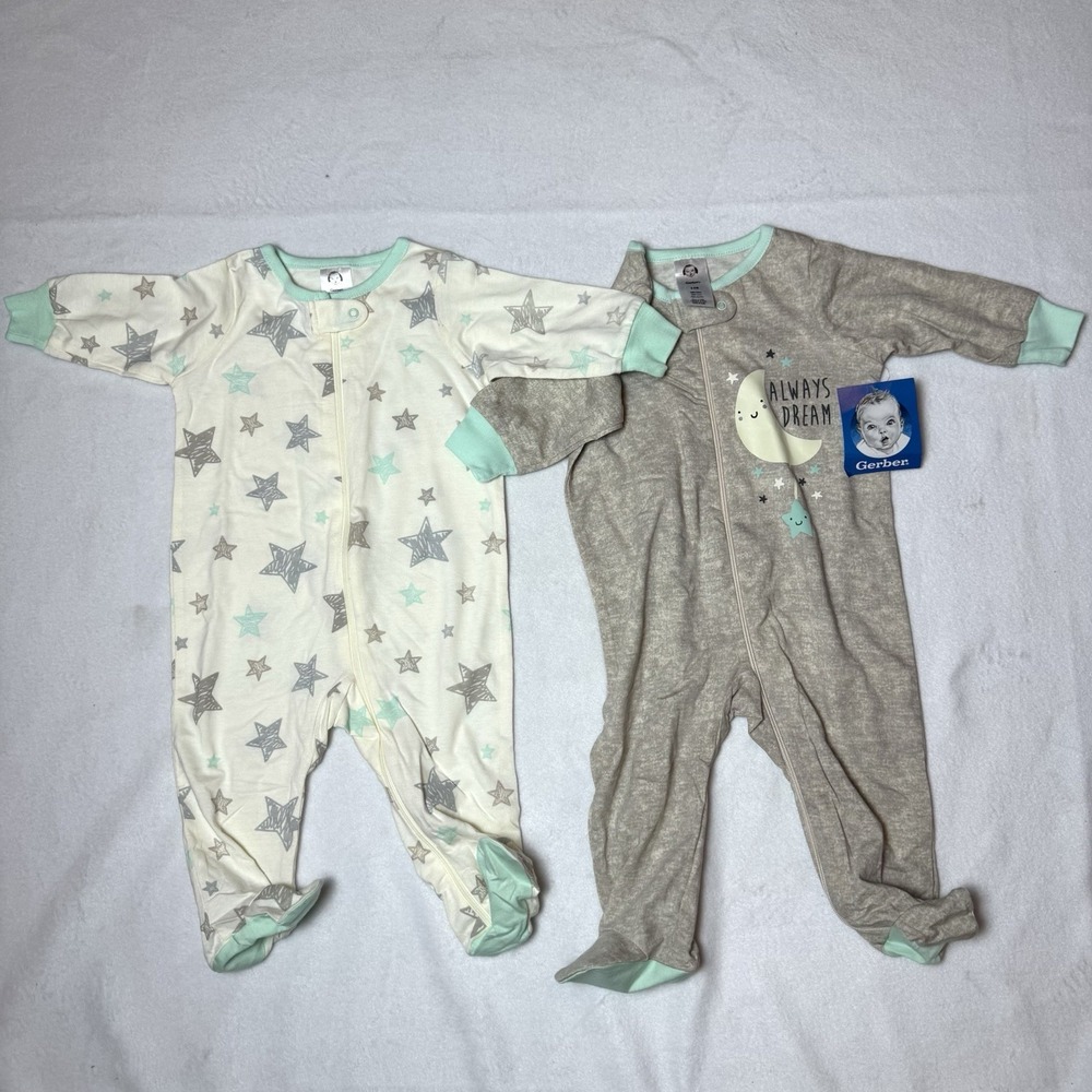 Gerber Sleeper One Piece Full Zip Pajamas Lot Of 2 3-6 Months Stars Always Dream